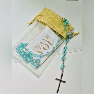 NWT MOSAIC BLUE GLASS ROSARY .Silver plated cross. Catholic Light Blue Rosary